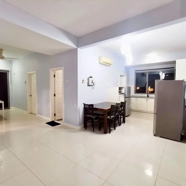 Kitchen features: white cabinetry, stainless-steel fridge, built-in oven, 4-burner gas hob, single-bowl stainless-steel sink, chrome pull-down faucet, white tiled backsplash, marble countertop, recessed downlights, window with city view, open layout to dining area; style: modern; view: city. Dining features: 4-seater dining table, wooden dining chairs, white walls, tile flooring, air conditioning unit; style: modern. Hallway features: white doors, tile flooring, light blue painted walls, recessed lighting.