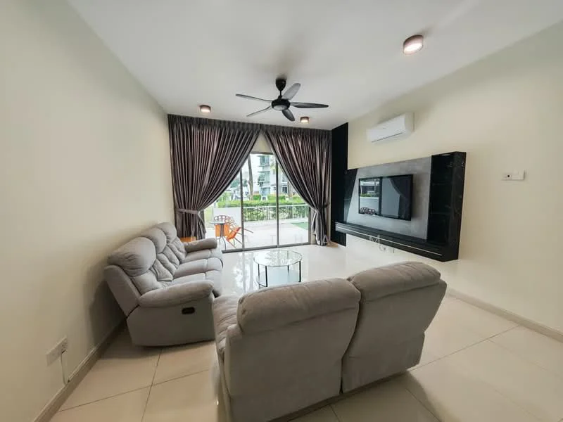 Living features: 2-seater fabric sofa in light grey, 3-seater fabric sofa in light grey, glass coffee table, wall-mounted TV, black entertainment unit, floor-to-ceiling windows, sliding glass door, sheer curtains, recessed downlights, ceiling fan with light, white painted walls, tile flooring; style: modern; view: garden.