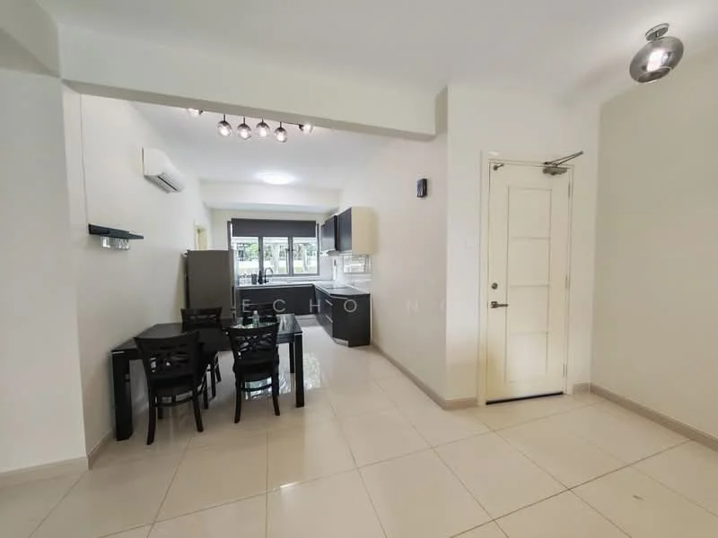 Living features: white painted walls, cream tiled flooring, recessed downlights, 1 wall-mounted split AC, dining table with 4 black chairs, open layout to kitchen, door leading to outside, large window with natural light; style: modern. Kitchen features: black cabinetry, stainless-steel fridge, kitchen countertop, open layout to living area, window above sink; style: modern.