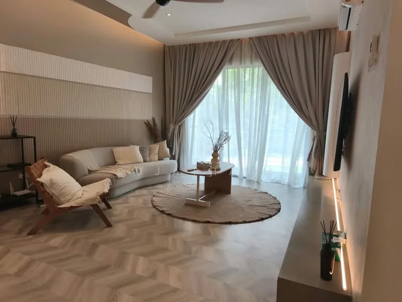 Living features: light grey fabric sofa, wooden accent chair, round coffee table, area rug with circular shape, floor-to-ceiling windows, sheer curtains, recessed downlights, ceiling fan, wooden feature wall, light wood flooring, decorative vase, decorative branches; style: modern; view: garden.