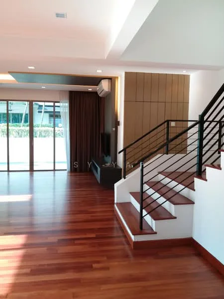 Living features: wooden flooring, white painted walls, recessed downlights, floor-to-ceiling windows, sliding glass door, curtains, wall-mounted TV, built-in cabinetry, staircase with metal railing; style: modern; view: garden.