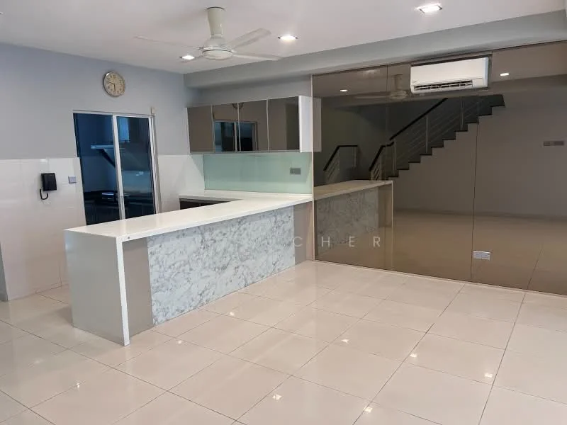 Kitchen features: white marble countertop, stainless-steel sink, chrome pull-down faucet, built-in cabinetry with glass fronts, ceramic tile flooring, recessed downlights, ceiling fan, wall-mounted air conditioning unit, open layout, mirror backsplash, clock on wall, sliding door to outside, stainless-steel appliances; style: modern.