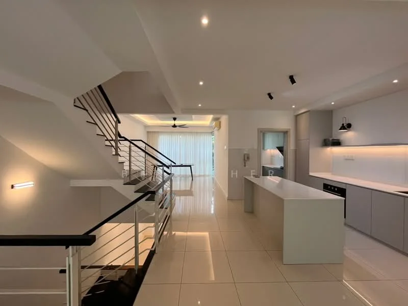 Living features: white painted walls, polished ceramic tile flooring, recessed downlights, pendant lighting, open-plan layout, floor-to-ceiling windows with sheer curtains, stainless-steel appliances, kitchen island with countertop, modern cabinetry, staircase with metal railing; style: modern.