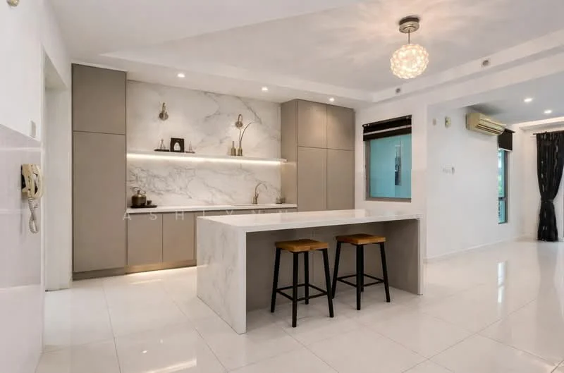 Kitchen features: marble countertop, grey cabinetry, white walls, recessed downlights, pendant light, stainless-steel appliances, open layout, bar stools, tile flooring, window with view, wall-mounted air conditioning unit; style: modern.