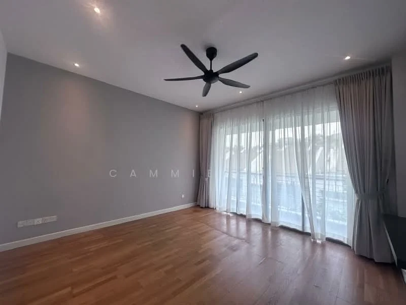 Living features: light wood flooring, grey painted walls, 5-blade ceiling fan, recessed downlights, floor-to-ceiling windows, sheer curtains, balcony access, natural light; style: modern; view: city.