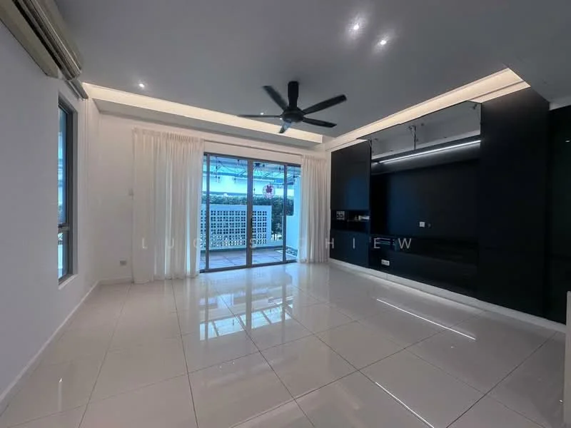 Living features: white painted walls, glossy white tile flooring, 5-blade ceiling fan with light, floor-to-ceiling windows, sliding glass door, sheer curtains, black cabinetry, recessed LED downlights, open layout, view of city skyline; style: modern; view: city.