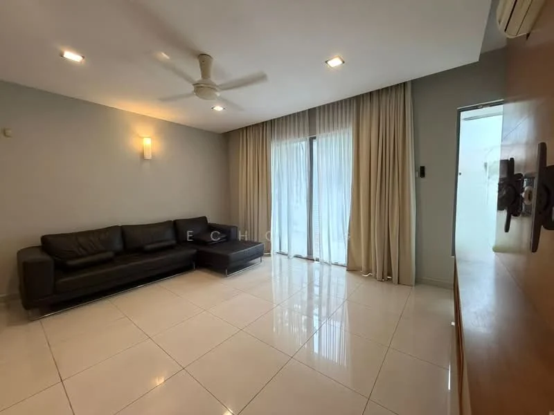 Living features: 3-seater leather sofa in black, floor-to-ceiling windows, sheer curtains, white painted walls, recessed downlights, ceiling fan, glossy tile flooring, wooden console, sliding glass door; style: modern.
