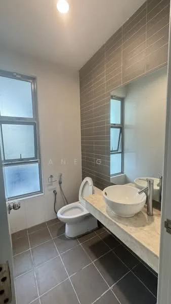 Bathroom features: grey tiled walls, white ceramic toilet, round vessel sink, chrome faucet, large mirror, window with glass panes, grey tiled flooring, wall-mounted bidet spray; style: modern.