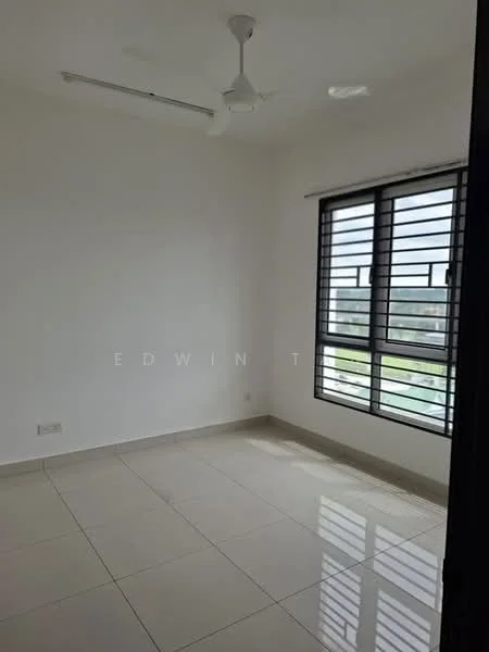 Room features: white painted walls, tile flooring, ceiling fan, large windows with metal grilles, natural light, neutral color scheme; style: modern; view: city.