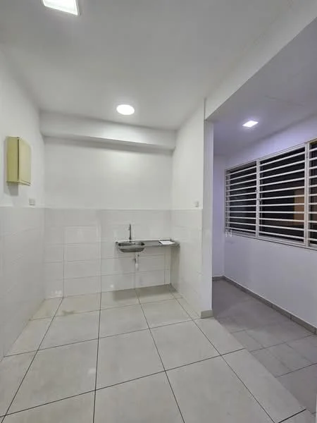 Laundry features: white painted walls, grey tiled flooring, single-bowl stainless-steel sink, wall-mounted soap dispenser, window with horizontal blinds, recessed ceiling lights, corner space for appliances; style: modern.