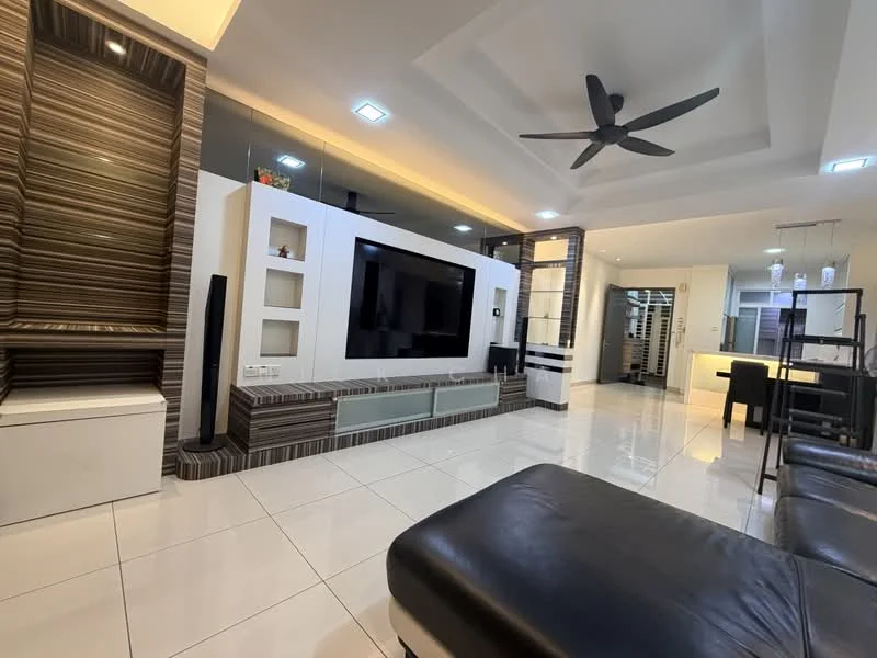 Living features: white painted walls, tray ceiling with recessed lighting, large wall-mounted TV, built-in entertainment unit with storage, dark wood accent wall, black leather sofa, ceiling fan with light, glossy white floor tiles, glass dining table with black chairs, open layout, decorative plants, modern decor elements; style: modern.