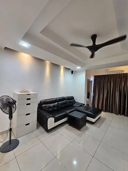 Living features: black leather sectional sofa, coffee table, 5-blade ceiling fan with light, recessed downlights, white painted walls, glossy tile flooring, floor-to-ceiling curtains, standing fan, decorative wall lighting, built-in cabinetry, dark accent wall; style: modern.