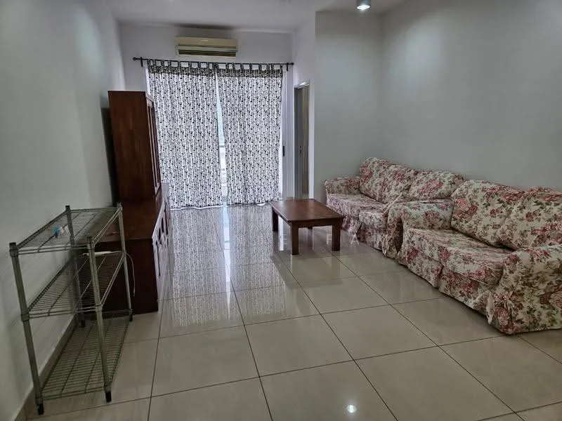 Living features: floral patterned fabric sofa, wood coffee table, white painted walls, glossy tile flooring, floor-to-ceiling windows with sheer curtains, air conditioning unit, metal shelving unit; style: modern.