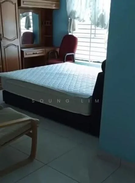 Bedroom features: queen-size bed, wooden wardrobe, study desk, upholstered chair, window with sheer curtains, light blue painted walls, tile flooring, decorative mirror.