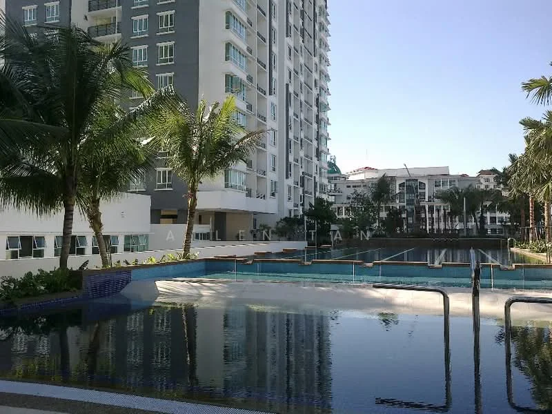Exterior type: high-rise condominium; features: swimming pool with infinity edge, pool deck with loungers, landscaped garden with palm trees, manicured lawn, modern facade with glass windows, multiple storeys, surrounded by greenery; style: modern.