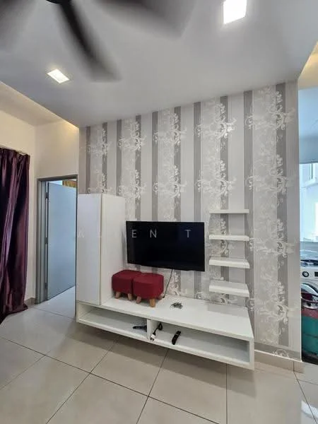 Living features: grey and white striped wallpaper, white TV console, wall-mounted TV, red ottoman, open shelving unit, recessed ceiling lights, ceiling fan, tile flooring; style: modern.