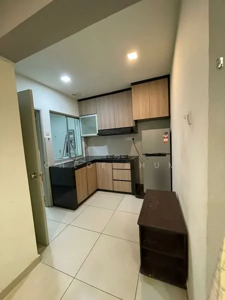 Kitchen features: black countertop, wood cabinetry, stainless-steel gas hob, built-in oven, single-bowl stainless-steel sink, chrome pull-down faucet, white tiled backsplash, white walls, recessed LED downlights, ceramic tile flooring, open shelving, kitchen island, fridge, exhaust hood; style: modern.