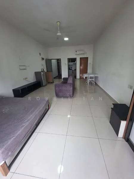 Living features: grey fabric sofa, white wall, ceiling fan, tile flooring, wall-mounted TV console, dining table with chairs, air conditioning unit, open layout; style: modern.
