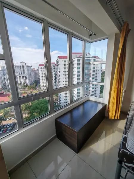 Room features: floor-to-ceiling windows, city view, grey tiled flooring, wooden bench, yellow curtain, natural light, modern design; style: modern; view: city.