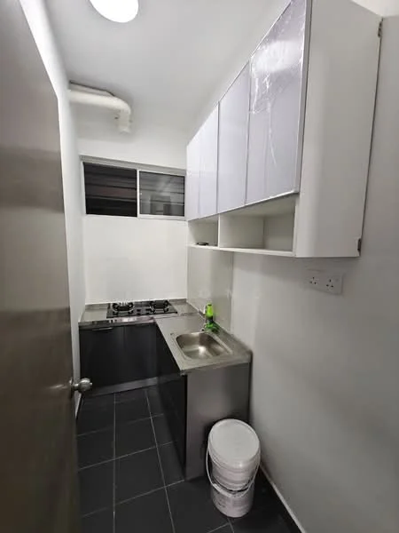 Kitchen features: stainless-steel sink, 2-burner gas hob, white upper cabinets, black lower cabinets, black tile flooring, window for natural light, wall-mounted light fixture, waste bin; style: modern.