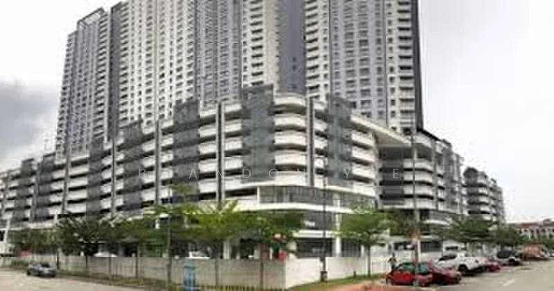 Exterior type: high-rise condominium; features: glass curtain wall, projecting balconies, multiple storeys, manicured landscaping, parking area, surrounded by trees, modern architectural design; style: modern.