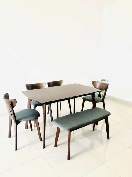Dining features: rectangular wooden dining table, 4 wooden dining chairs with curved backs, 1 wooden bench with upholstered seat, light-colored tiled flooring, plain white walls, minimalist design; style: modern.