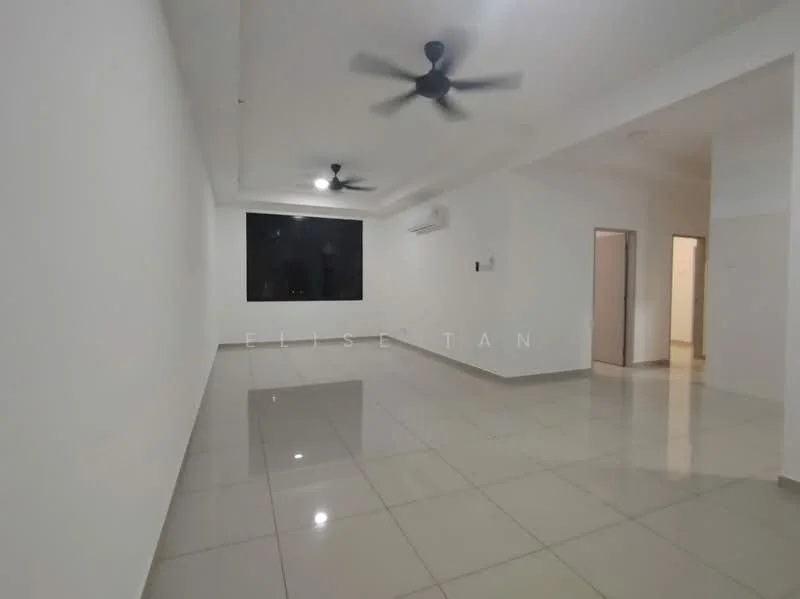 Living features: white painted walls, glossy ceramic tile flooring, 2 ceiling fans, 1 wall-mounted split AC, large window, neutral color scheme, open layout, no visible furniture; style: modern.