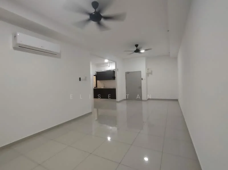 Living features: white painted walls, glossy ceramic tile flooring, 2 ceiling fans, 1 wall-mounted split AC, recessed lighting, open layout to kitchen, neutral color scheme, no visible furniture; style: modern.