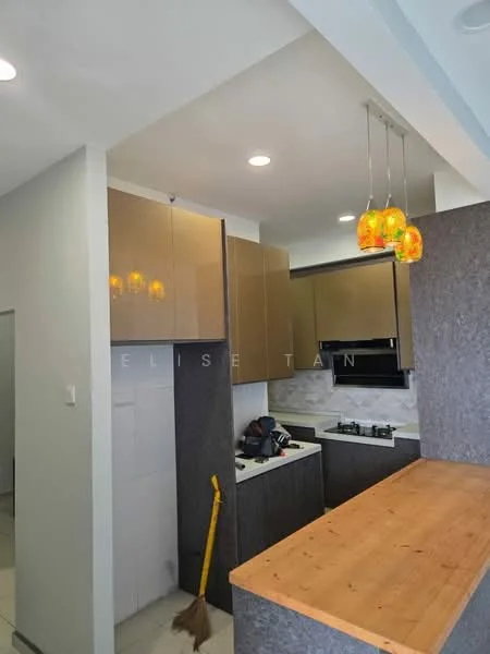 Kitchen features: brown cabinetry, white countertop, stainless-steel sink, chrome pull-down faucet, built-in oven, 4-burner gas hob, grey tile backsplash, pendant lighting with orange shades, open shelving, tile flooring, wall-mounted cabinets, kitchen island with wooden countertop; style: modern.