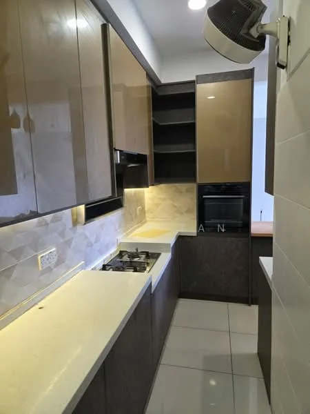 Kitchen features: light brown high-gloss cabinetry, white quartz countertop, built-in oven, 4-burner gas hob, white tiled backsplash, recessed LED downlights, wall-mounted exhaust fan, grey ceramic tile flooring, open shelving, under-cabinet lighting; style: modern.