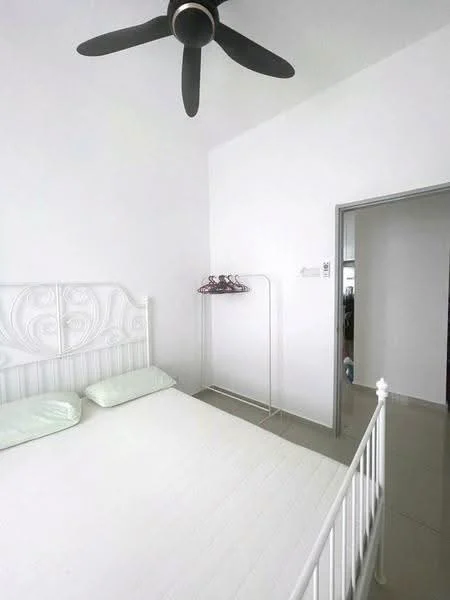 Bedroom features: white painted walls, ceiling fan, queen-size bed, light-colored bedding, tile flooring, hanging clothes rack, doorway leading to another room, minimalist decor; style: minimalist.