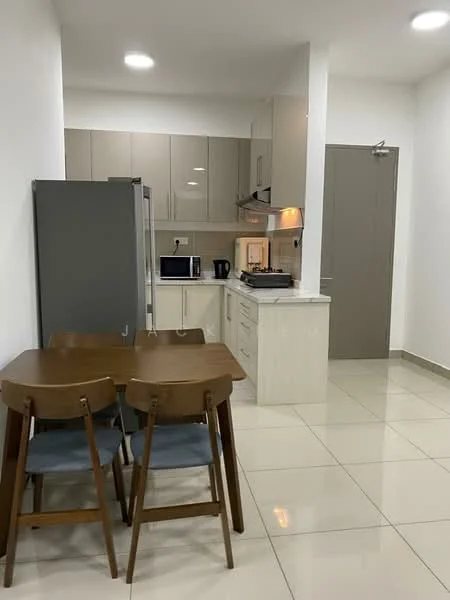 Kitchen features: grey cabinetry, white countertop, stainless-steel fridge, built-in oven, stainless-steel range hood, 4-burner gas hob, microwave, tile flooring, recessed downlights, dining table with wooden legs, 2 wooden chairs with blue cushions, white painted walls; style: modern.