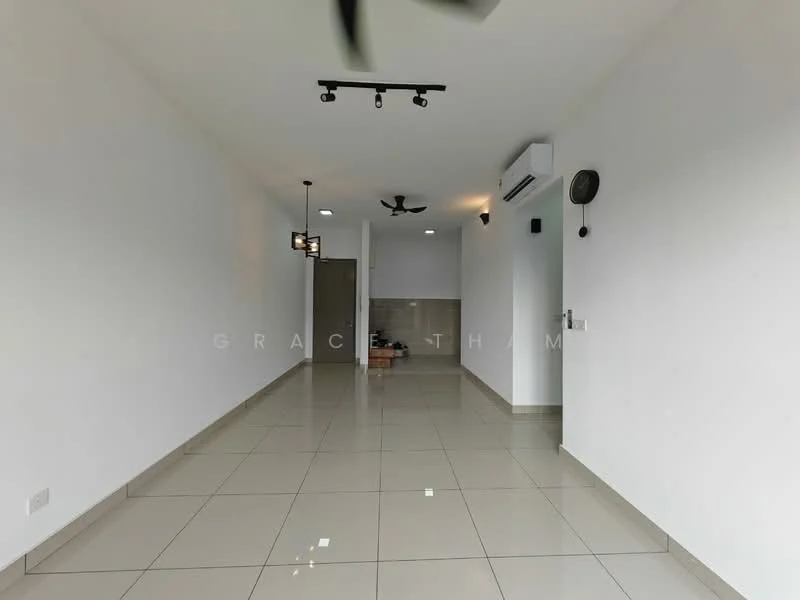 Room features: white painted walls, glossy ceramic tile flooring, recessed LED downlights, ceiling fan, wall-mounted air conditioning unit, track lighting, open layout, neutral color scheme; style: modern.