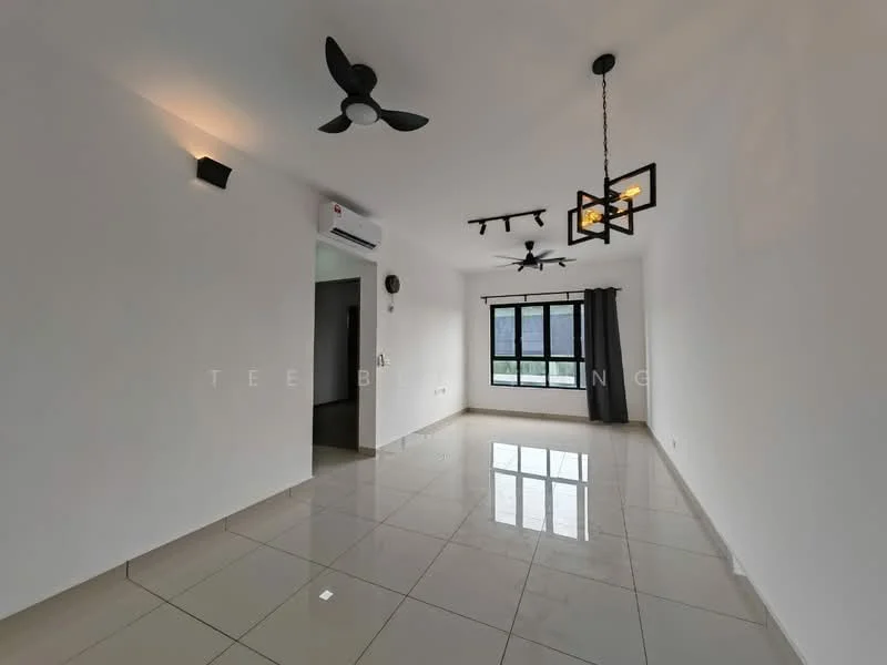 Living features: white painted walls, glossy ceramic tile flooring, 5-blade ceiling fan with light, pendant light fixture, recessed downlights, floor-to-ceiling windows, blackout curtains, wall-mounted split AC, decorative wall sconce, neutral color scheme; style: modern; view: city.