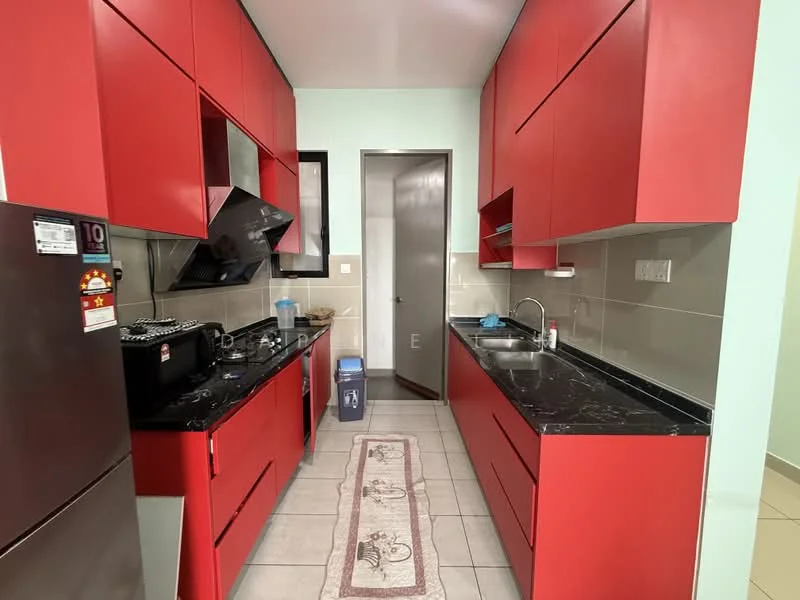 Kitchen features: red cabinetry, black granite countertop, stainless-steel sink, chrome pull-down faucet, built-in stove, exhaust hood, ceramic tile flooring, wall-mounted cabinets, kitchen rug, grey tiled backsplash, refrigerator, open shelving; style: modern.