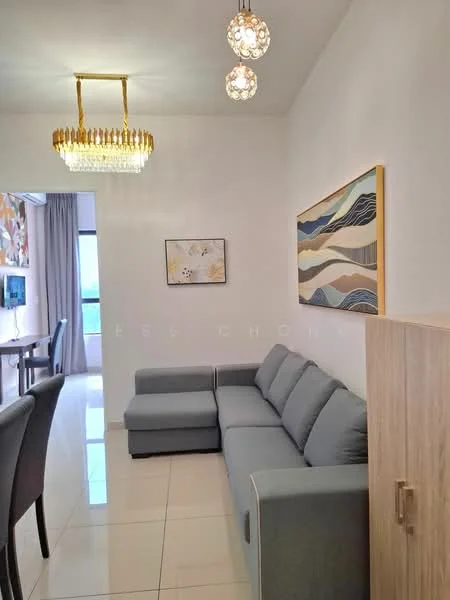 Living features: 3-seater fabric sofa in light grey, chandelier with decorative crystals, white painted walls, glossy tile flooring, wall-mounted TV, framed artwork on wall, curtains, open shelving unit; style: modern; view: city.