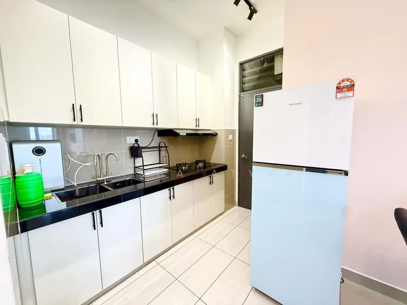 Kitchen features: white cabinetry with flat-panel doors, black granite countertop, stainless-steel sink, chrome pull-down faucet, built-in stove, refrigerator with light blue finish, tile backsplash, ceramic tile flooring, wall-mounted shelving, window above sink, under-cabinet lighting; style: modern.