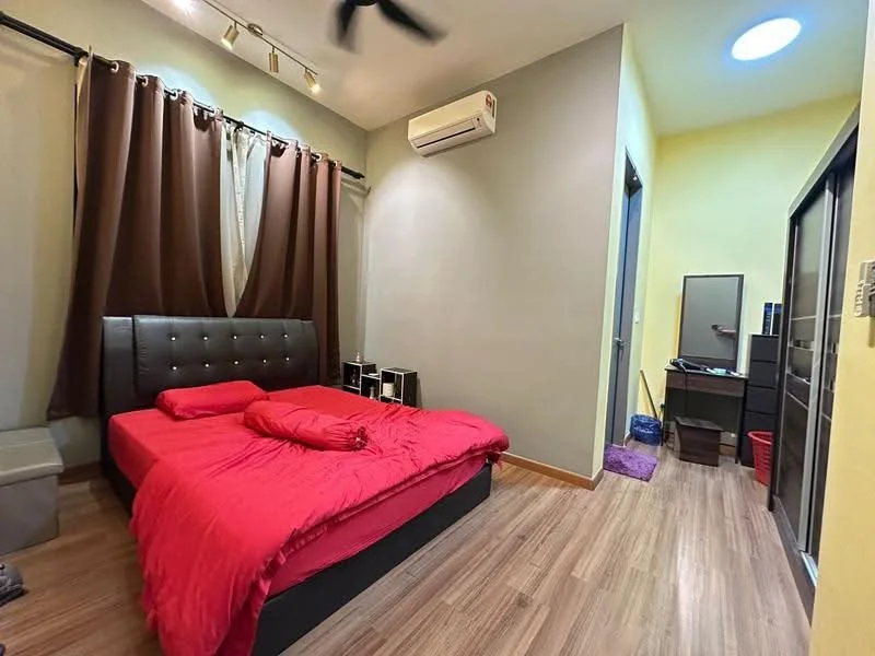 Bedroom features: king-size bed with red bedding, upholstered headboard, wooden flooring, brown curtains, wall-mounted air conditioning unit, recessed ceiling lights, ceiling fan, dressing table with mirror, built-in wardrobe, small storage box, decorative items on shelf; style: modern.