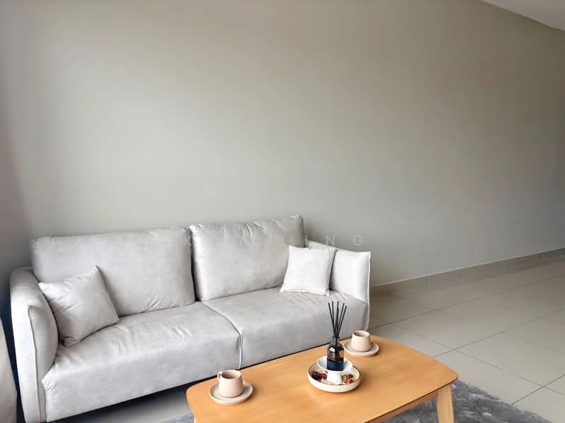 Living features: light grey fabric sofa, two decorative cushions, wooden coffee table, ceramic decorative items, neutral wall colour, tile flooring, area rug, minimalist decor; style: modern.