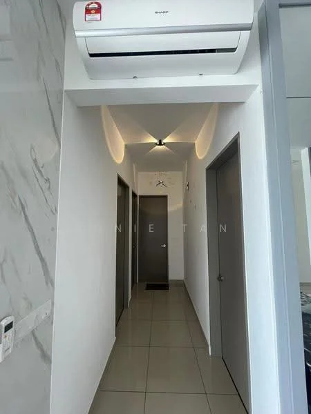 Hallway features: white painted walls, grey doors, tile flooring, 1 wall-mounted split AC, recessed downlights, ceiling light fixture, door mat, mirror on wall; style: modern.