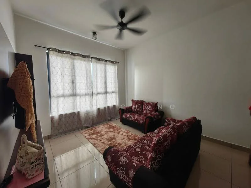 Living features: 2-seater fabric sofa in black, 3-seater fabric sofa in red with floral pattern, area rug with floral pattern, wall-mounted TV console, floor-to-ceiling windows with sheer curtains, ceiling fan, cream painted walls, glossy tile flooring; style: modern.