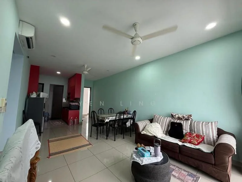 Living features: light blue painted walls, glossy ceramic tile flooring, 5-blade ceiling fan with light, sofa in brown fabric, coffee table, dining table with black chairs, kitchen area visible in background, air conditioning unit on wall; style: modern.