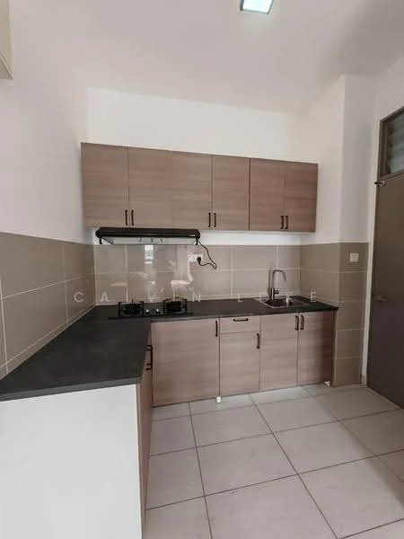 Kitchen features: laminate cabinetry in light brown, black countertop, stainless-steel sink, chrome pull-down faucet, built-in gas hob, exhaust hood, ceramic tile flooring, white tiled backsplash, wall-mounted storage, under-cabinet lighting; style: modern.