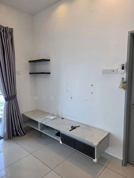 Living features: white painted walls, grey tiled flooring, floor-to-ceiling windows, curtains with vertical stripes, built-in TV console, open shelving, visible electrical outlets, light switch, cable management, minimalist decor; style: modern.