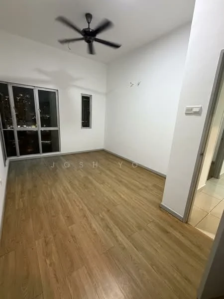 Room features: light wood laminate flooring, white painted walls, 5-blade ceiling fan, floor-to-ceiling windows, city view through windows, one small window, doorway leading to another room; style: modern; view: city.