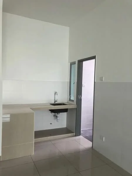 Room features: white painted walls, light-colored cabinetry, single-bowl stainless-steel sink, chrome pull-down faucet, countertop with light finish, tile flooring, window with glass pane, door leading to another space; style: modern.