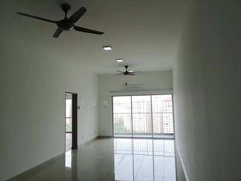 Living features: white painted walls, polished tile flooring, 2 ceiling fans, floor-to-ceiling windows, sliding glass door, natural light, city view, recessed LED downlights; style: modern; view: city.