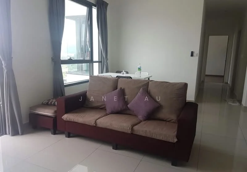 Living features: 3-seater fabric sofa in brown, 2 purple decorative cushions, coffee table, floor-to-ceiling windows, grey curtains, white walls, glossy tile flooring, dining table with chairs visible in background; style: modern; view: city.