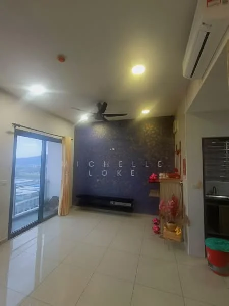 Living features: floor-to-ceiling sliding glass door, 5-blade ceiling fan with light, wall-mounted TV console, decorative wall with text, light-colored tiled flooring, curtains, open layout, air conditioning unit; style: modern; view: city.