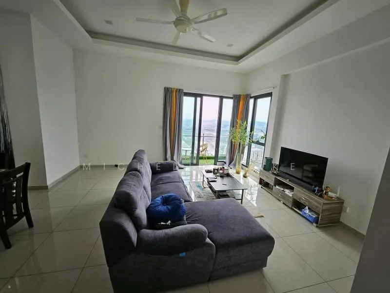 Living features: L-shape sectional sofa in grey, coffee table, TV console, wall-mounted TV, floor-to-ceiling windows, curtains in multiple colors, ceiling fan, polished tile flooring, decorative plant, area rug, light-colored walls, recessed downlights; style: modern; view: city.